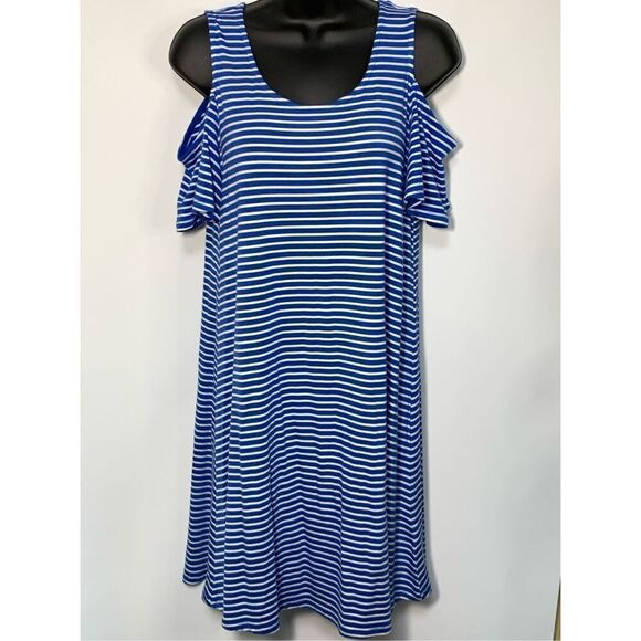 Cupio Women's Striped Scoop Neck Cold Shoulder Shift Dress Blue & White Small - Picture 1 of 6